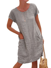 Women Solid Color Casual O-Neck Short Sleeve Mini Dress With Pockets